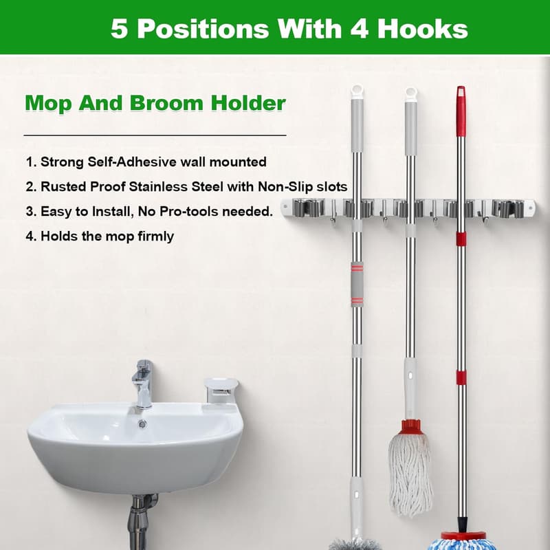 Heavy-Duty Wall-Mount Mop and Broom Holder with 5 Racks & 4 Hooks