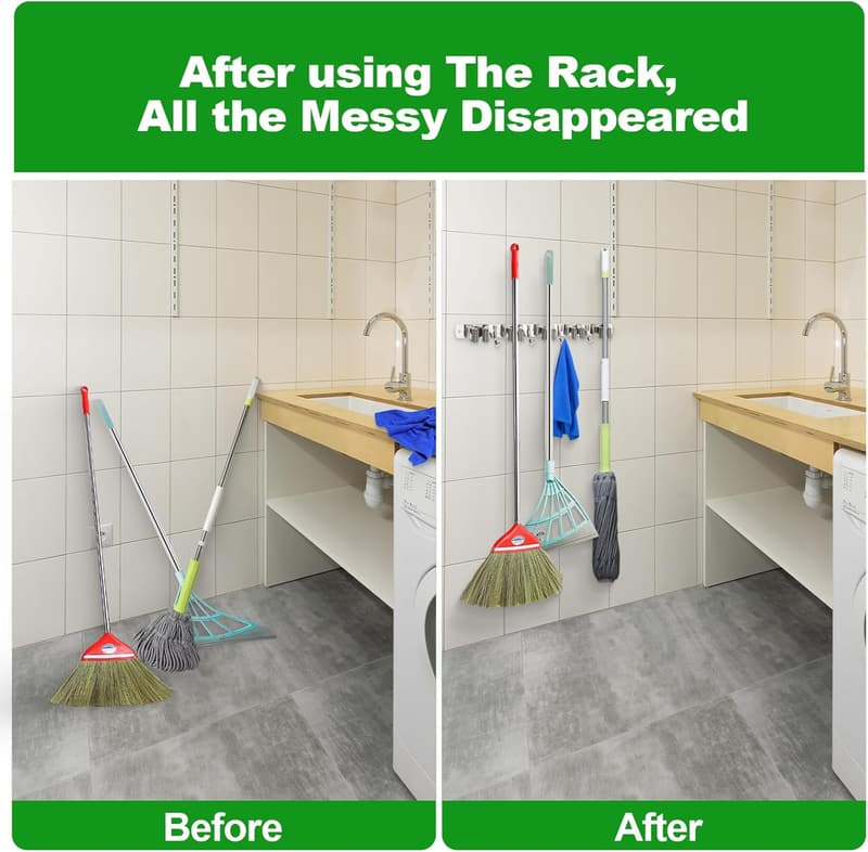 Heavy-Duty Wall-Mount Mop and Broom Holder with 5 Racks & 4 Hooks