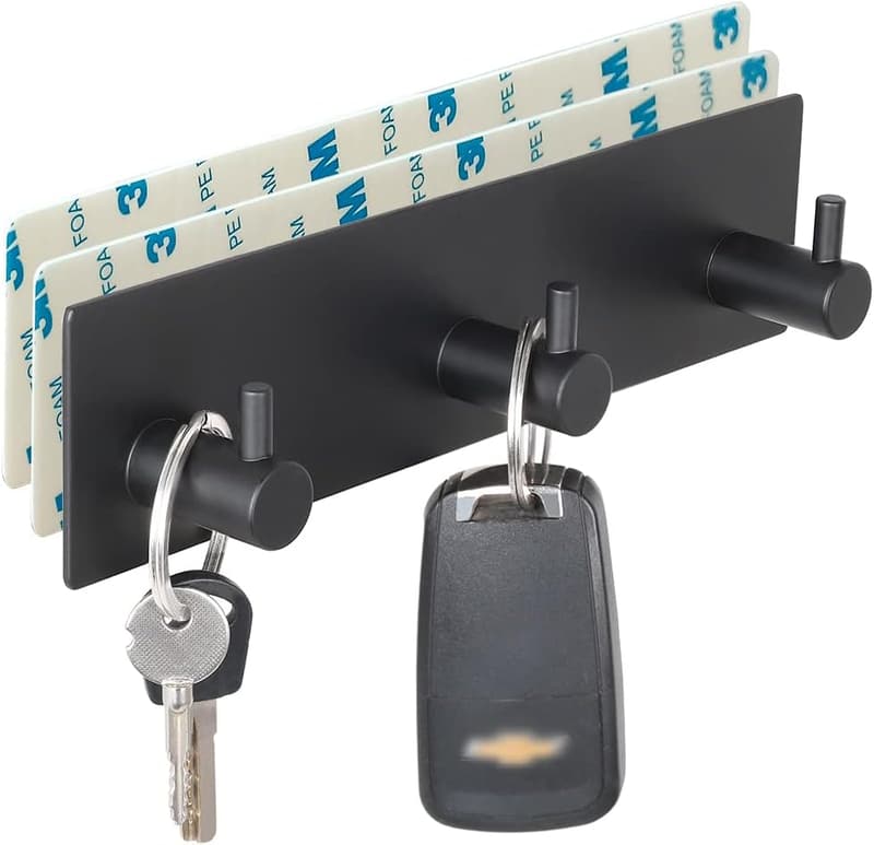 No-Damage Wall Key Holder Rack with 3 Hooks (Black)