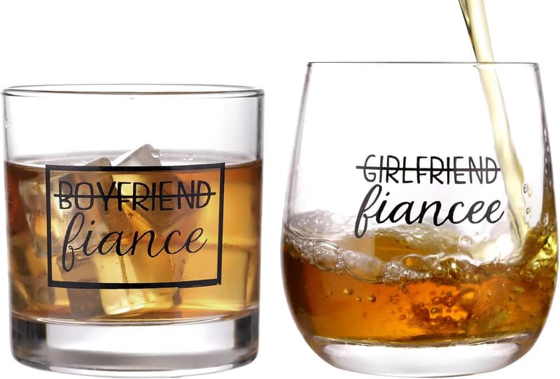 Engagement Gift: 11 oz Wine & Whiskey Glass Set for Couples