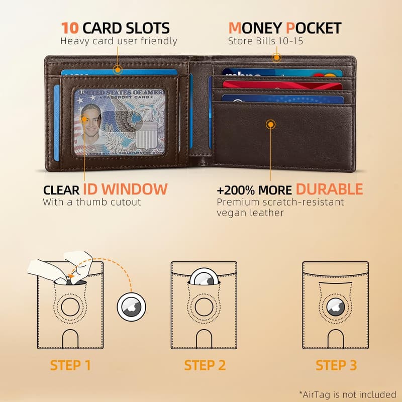 Men's Slim Leather RFID Blocking Wallet with AirTag Compartment