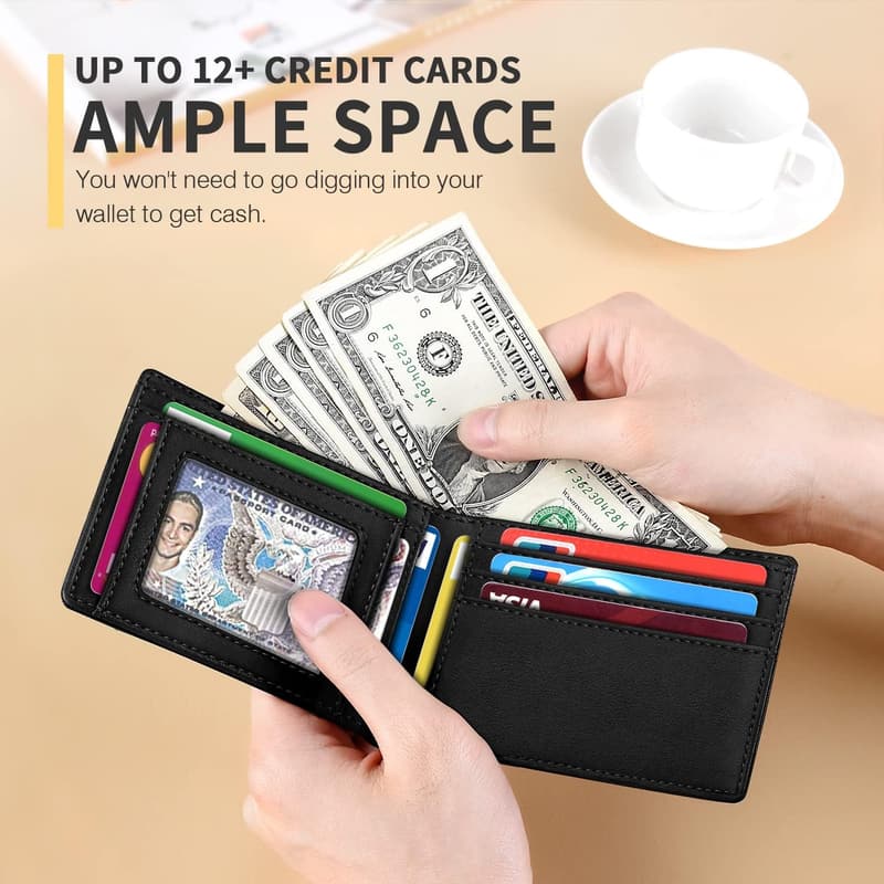 Men's Slim Leather RFID-Blocking Bifold Wallet with 11 Card Slots