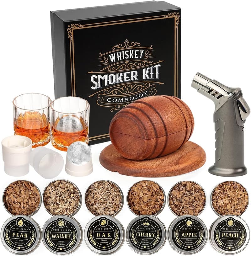 Whiskey Smoker Kit with 6 Wood Chips & Glasses - Perfect Birthday Gift for Men
