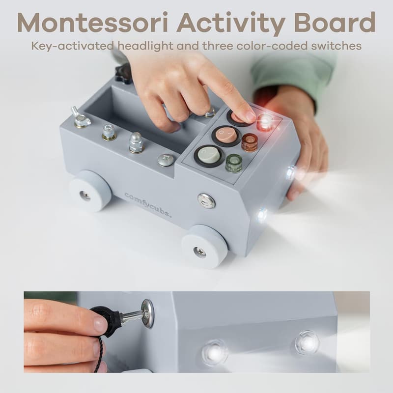 Montessori Busy Board Toy Truck Set - Noise-Free Pine Wood for Toddlers 3+