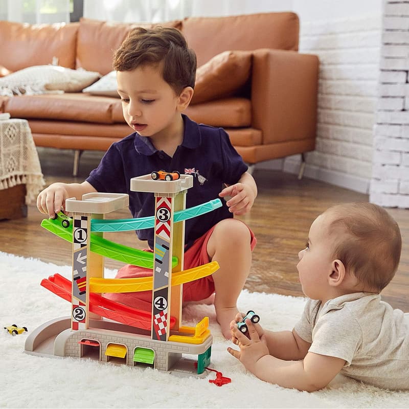 Toddler Race Track Toy with Wooden Cars for Ages 18 Months+