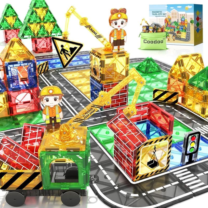 Magnetic Tile Road Set with Extendable Crane - STEM Toy for Kids 3+