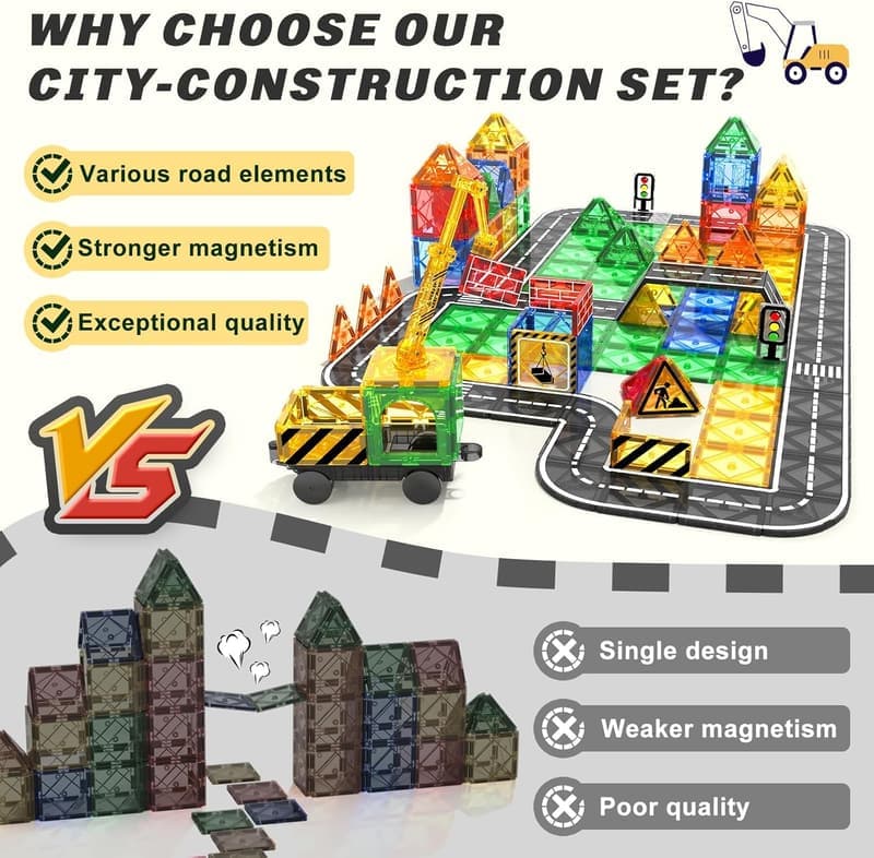 Magnetic Tile Road Set with Extendable Crane - STEM Toy for Kids 3+