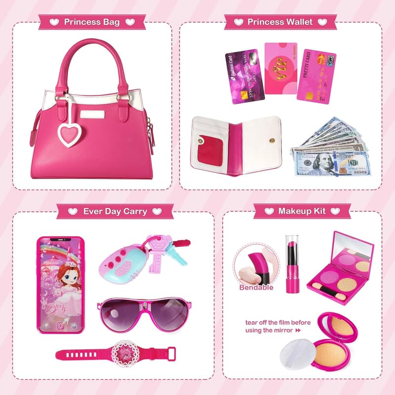 Princess Pretend Play Purse for Girls Age 3-8, Pink