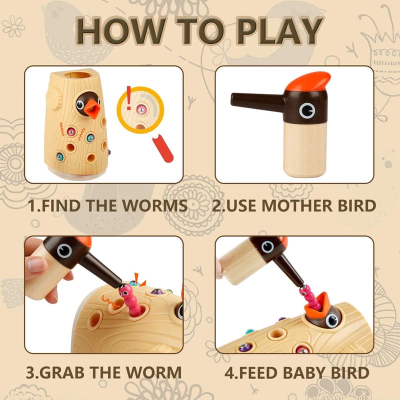 Wooden Magnetic Bird Feeding Game for Toddlers Age 2-4