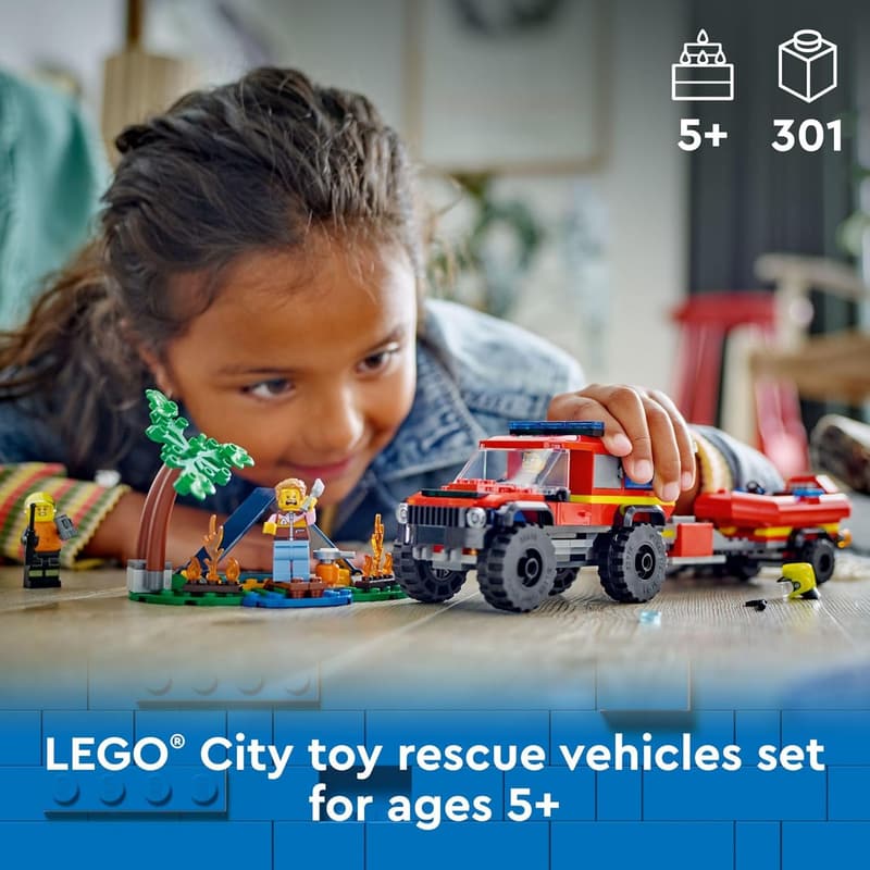 LEGO City 4x4 Fire Truck Set with Boat & Firefighter Minifigures