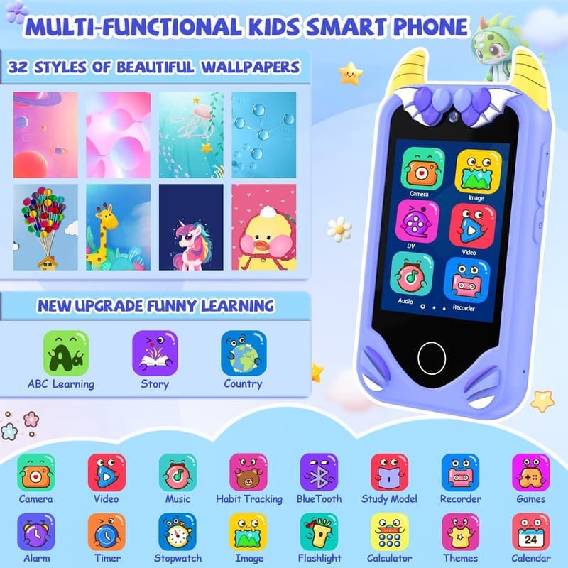 Kids' Smartphone Toy for Ages 3-6 - Touchscreen, Dual Cameras, 32GB