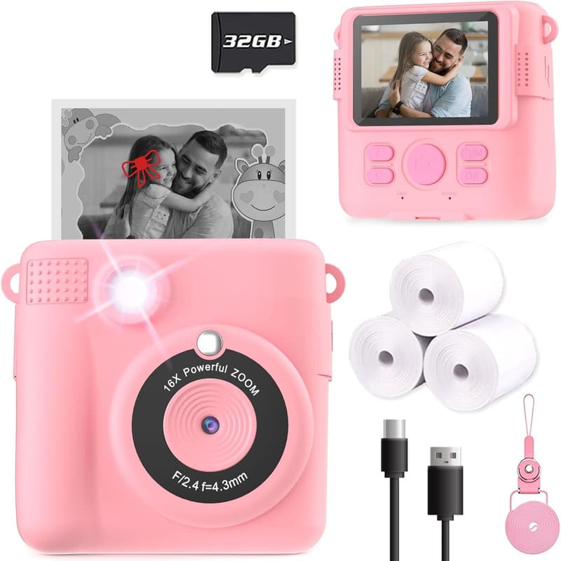 Instant Print Camera for Kids - Portable HD Video Camera with 32GB Card