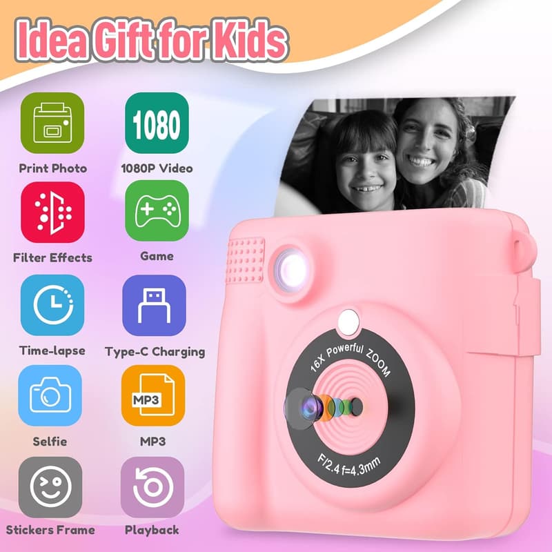 Instant Print Camera for Kids - Portable HD Video Camera with 32GB Card