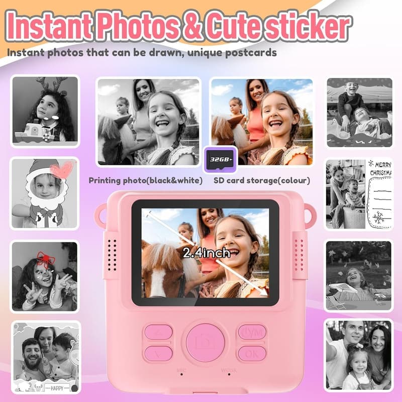 Instant Print Camera for Kids - Portable HD Video Camera with 32GB Card