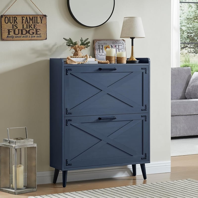 Freestanding Farmhouse Shoe Organizer with 2 Flip Drawers - Blue