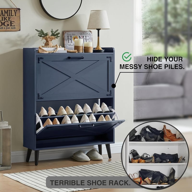 Freestanding Farmhouse Shoe Organizer with 2 Flip Drawers - Blue