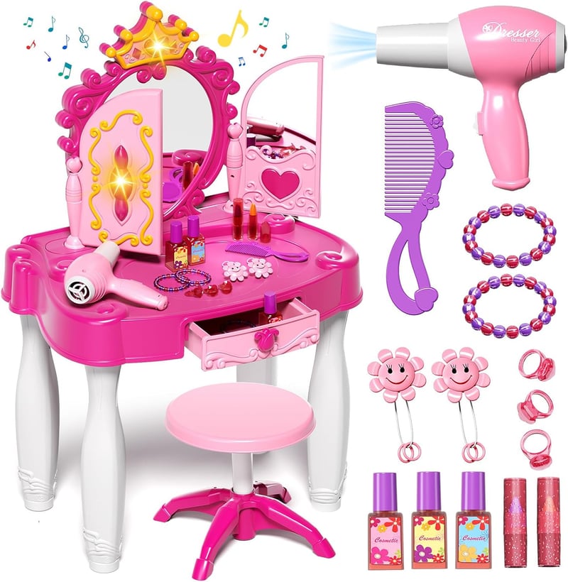 Kids Makeup Vanity Set with Mirror, Lights & Music for Toddlers