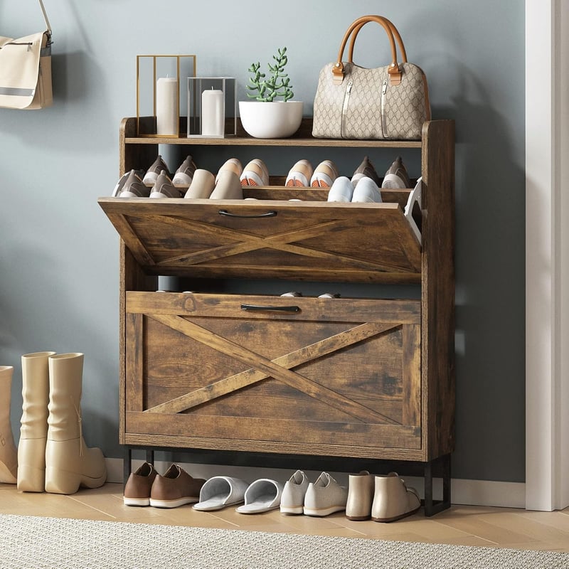 Rustic Brown Shoe Storage Cabinet with 2 Flip Drawers