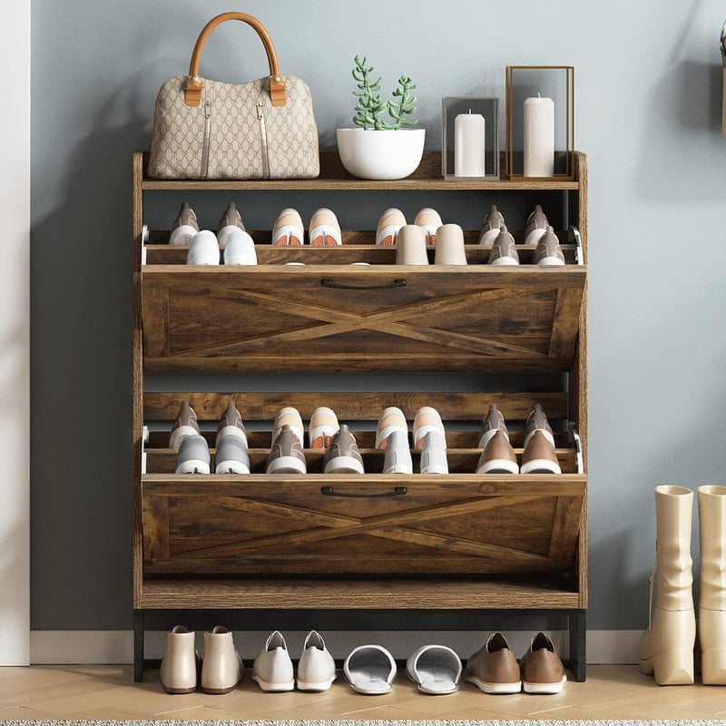Rustic Brown Shoe Storage Cabinet with 2 Flip Drawers
