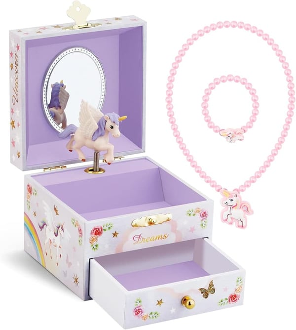 Unicorn-Themed Kids Musical Jewelry Box with Drawer and Set