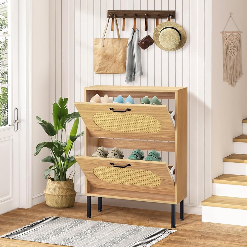 Modern Wood Shoe Cabinet with 2 Flip-Out Drawers for Entryway