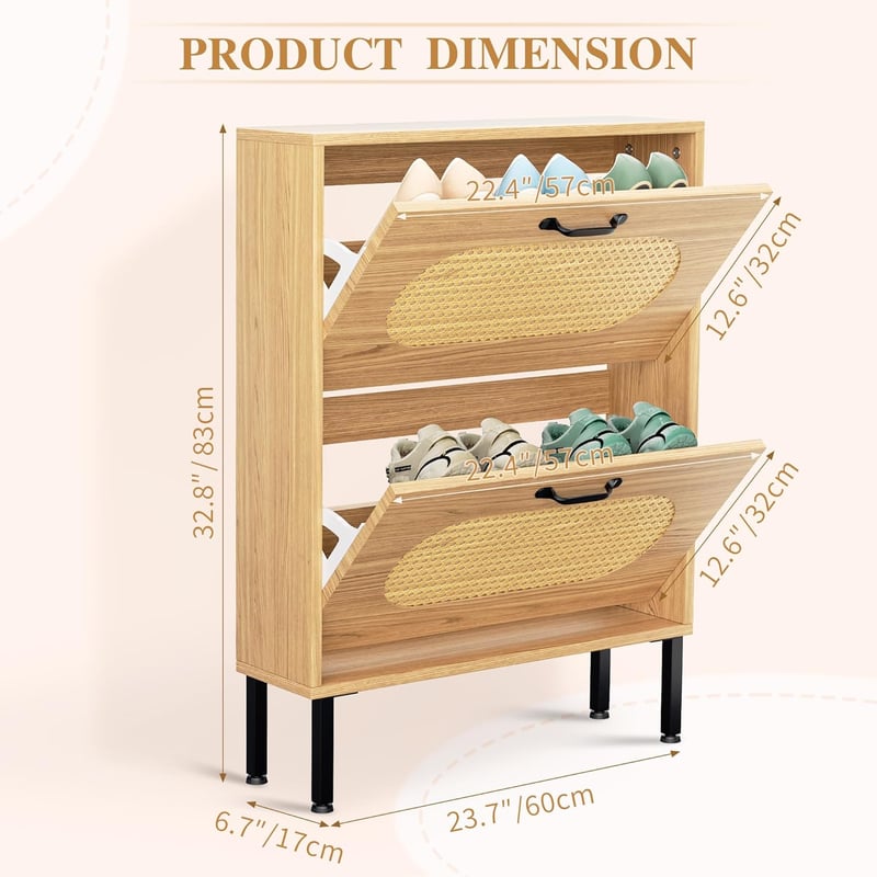 Modern Wood Shoe Cabinet with 2 Flip-Out Drawers for Entryway
