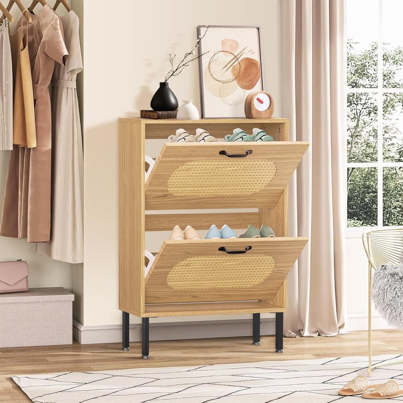Modern Wood Shoe Cabinet with 2 Flip-Out Drawers for Entryway