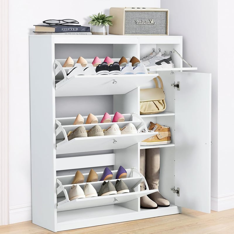 Modern White Shoe Cabinet for Entryway - Hidden Organizer for All Sizes