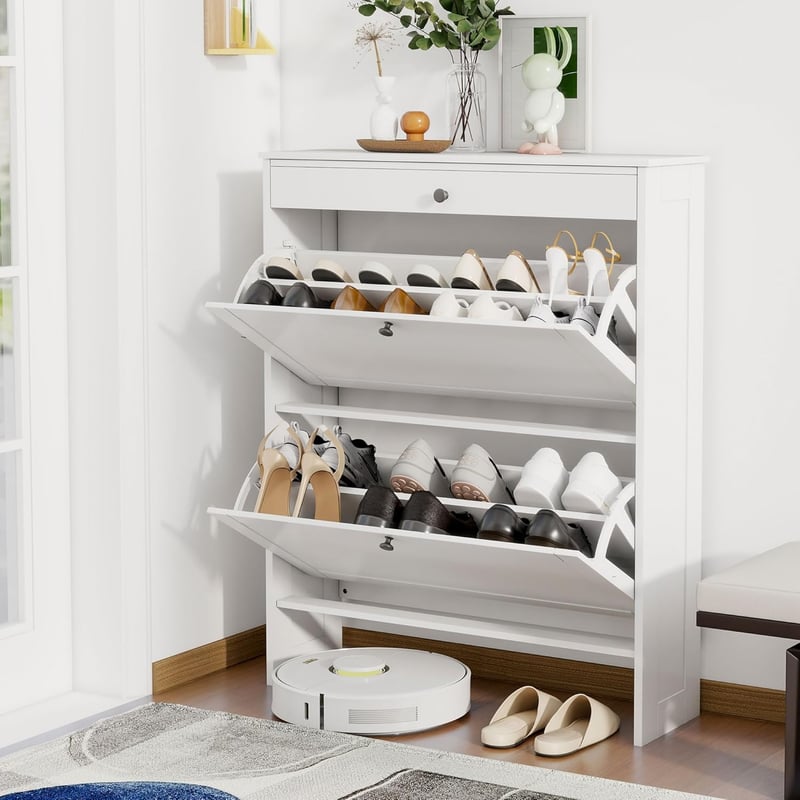 Slim Freestanding Shoe Cabinet with 2 Doors & Drawer, White