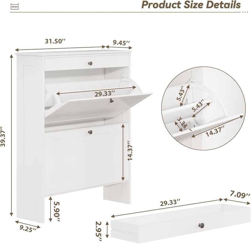 Slim Freestanding Shoe Cabinet with 2 Doors & Drawer, White