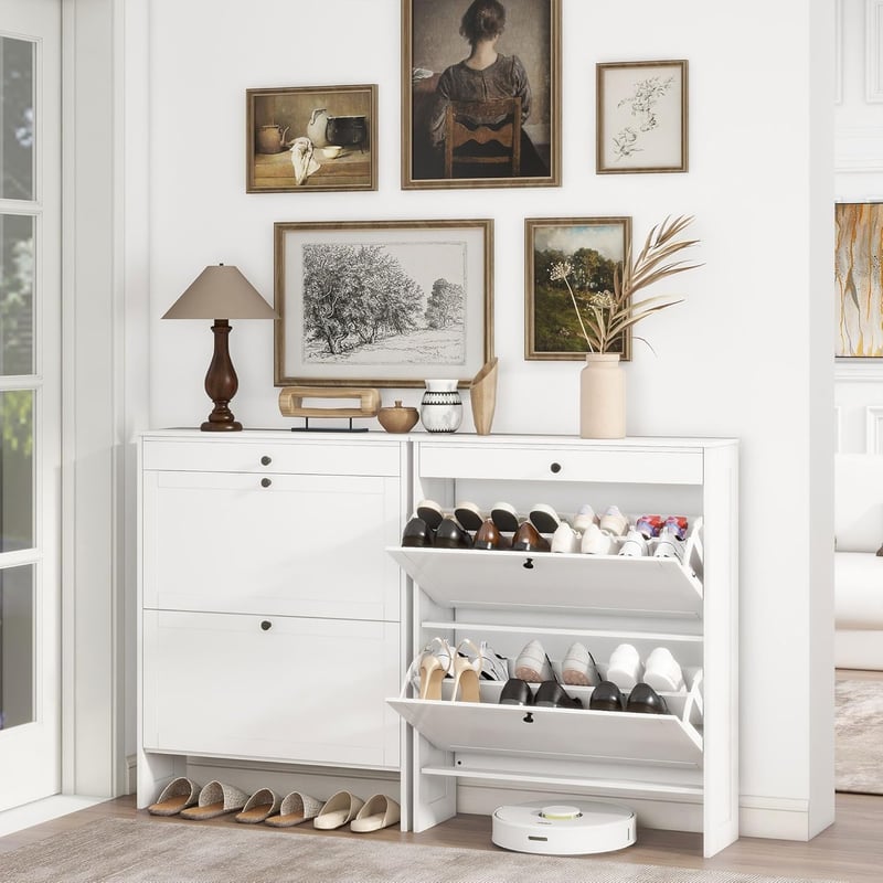 Slim Freestanding Shoe Cabinet with 2 Doors & Drawer, White