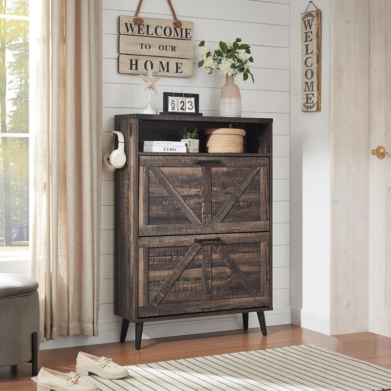 Farmhouse Shoe Storage Cabinet with Barn Door Design