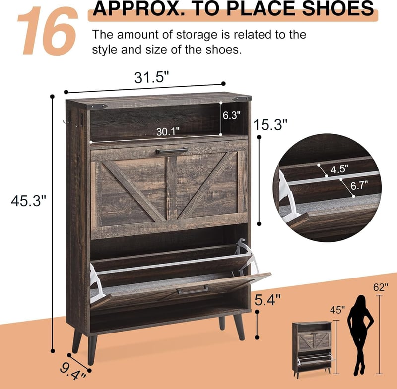 Farmhouse Shoe Storage Cabinet with Barn Door Design