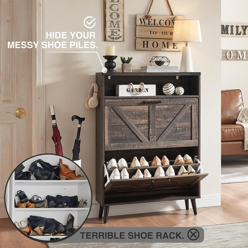 Farmhouse Shoe Storage Cabinet with Barn Door Design