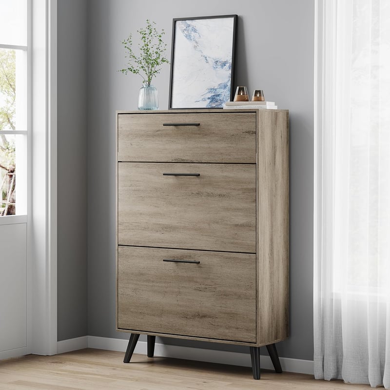 Gray Entryway Shoe Cabinet with 2 Flip Drawers and Hidden Storage