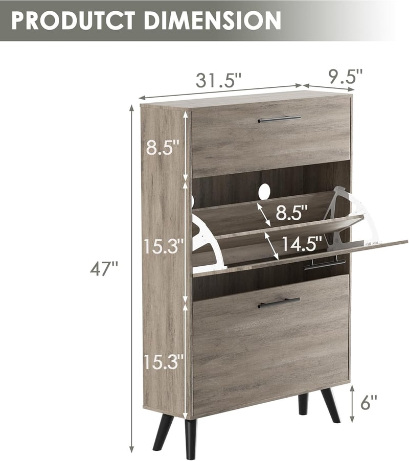 Gray Entryway Shoe Cabinet with 2 Flip Drawers and Hidden Storage