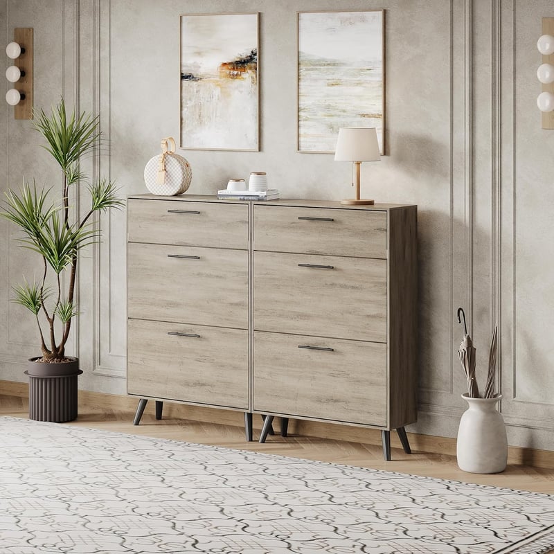 Gray Entryway Shoe Cabinet with 2 Flip Drawers and Hidden Storage