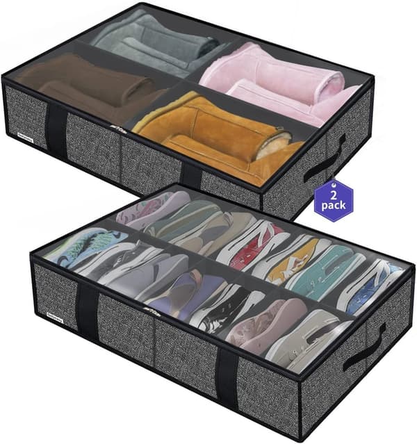 Underbed Shoe Storage Bags - 2 Pack, Collapsible, Black