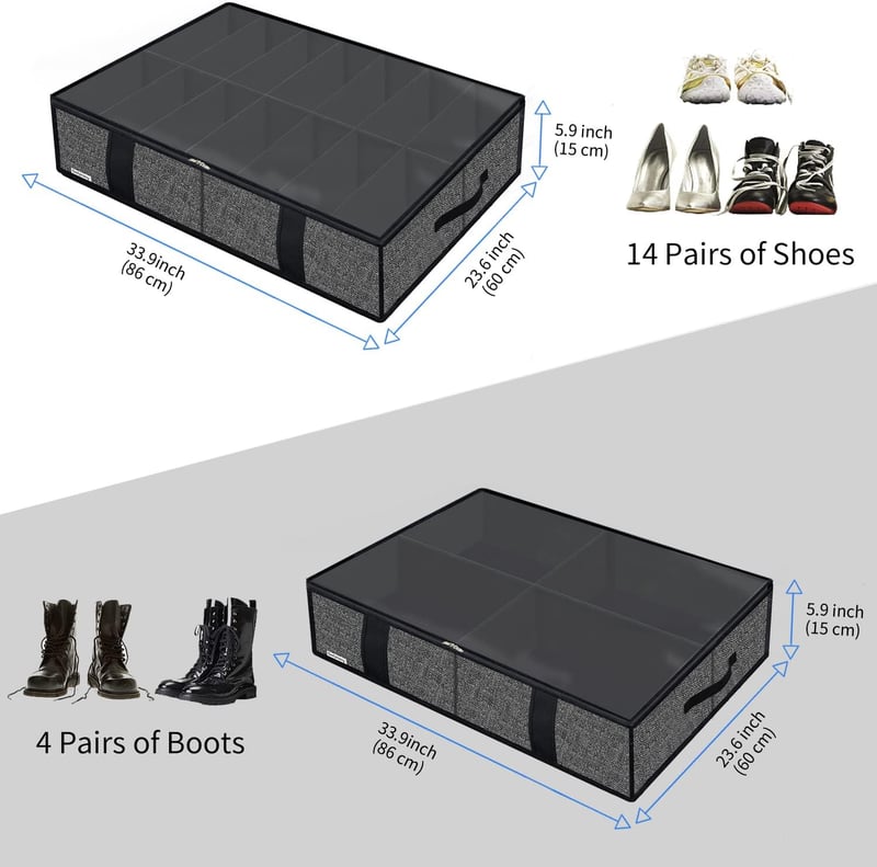 Underbed Shoe Storage Bags - 2 Pack, Collapsible, Black