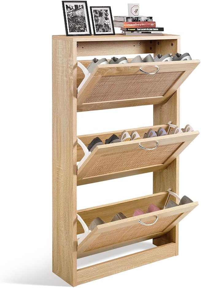 Narrow 3-Tier Rattan Shoe Cabinet for Entryway Storage