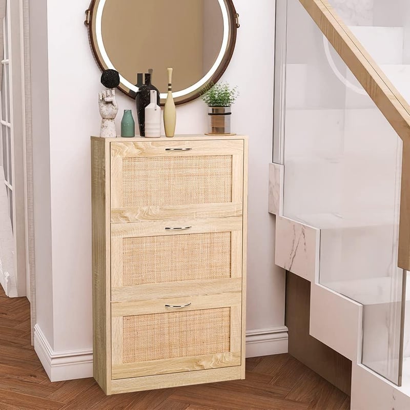 Narrow 3-Tier Rattan Shoe Cabinet for Entryway Storage