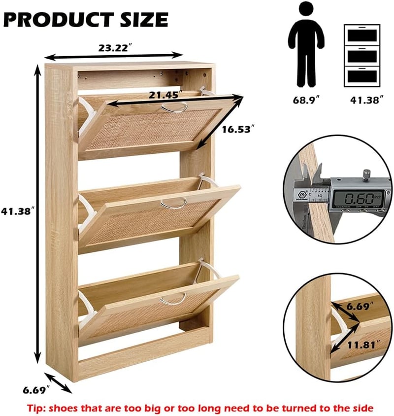 Narrow 3-Tier Rattan Shoe Cabinet for Entryway Storage