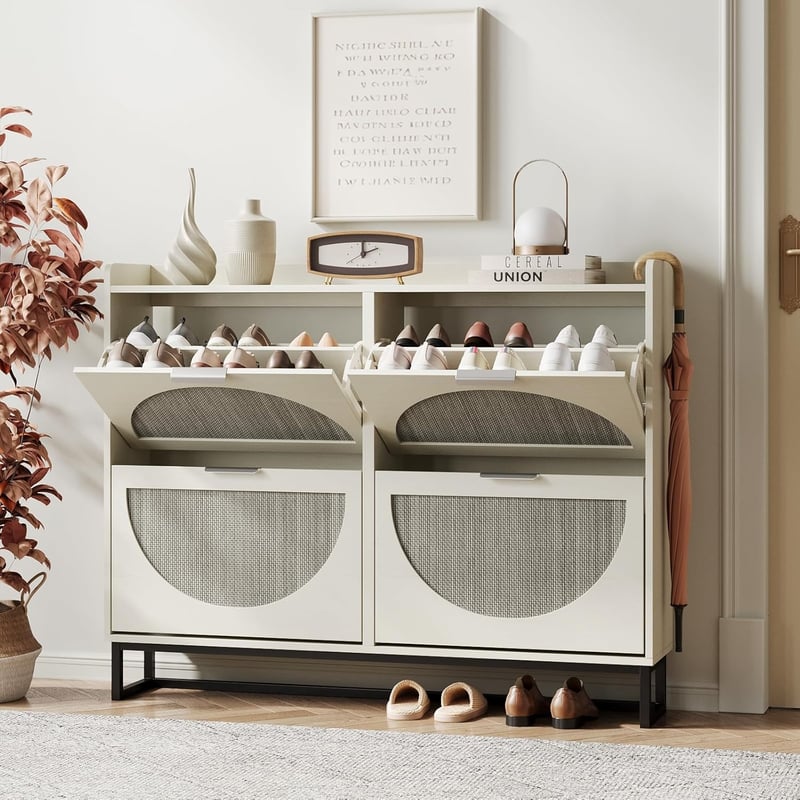 Freestanding White Rattan Shoe Storage Cabinet with 4 Drawers