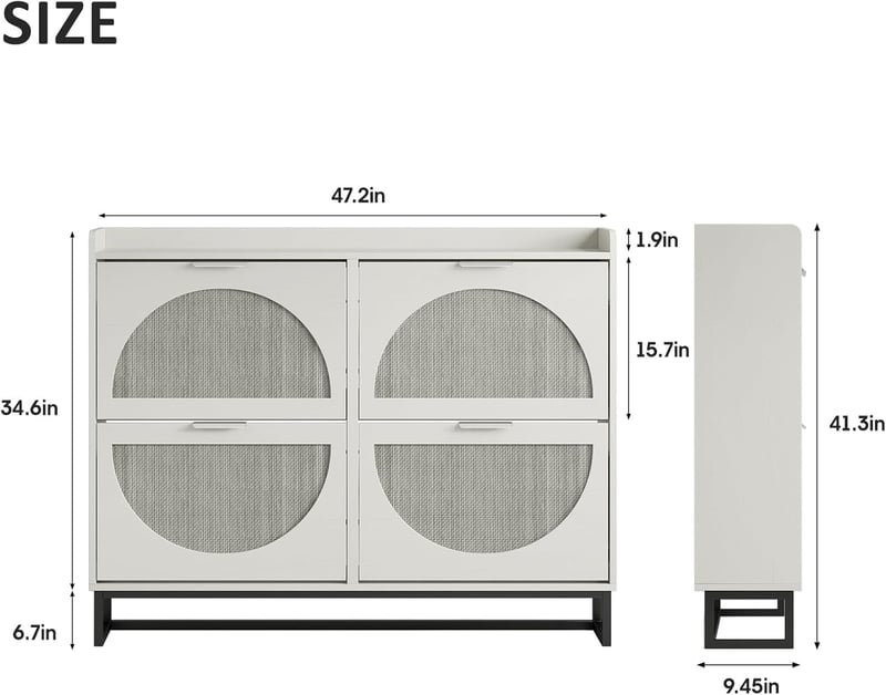 Freestanding White Rattan Shoe Storage Cabinet with 4 Drawers