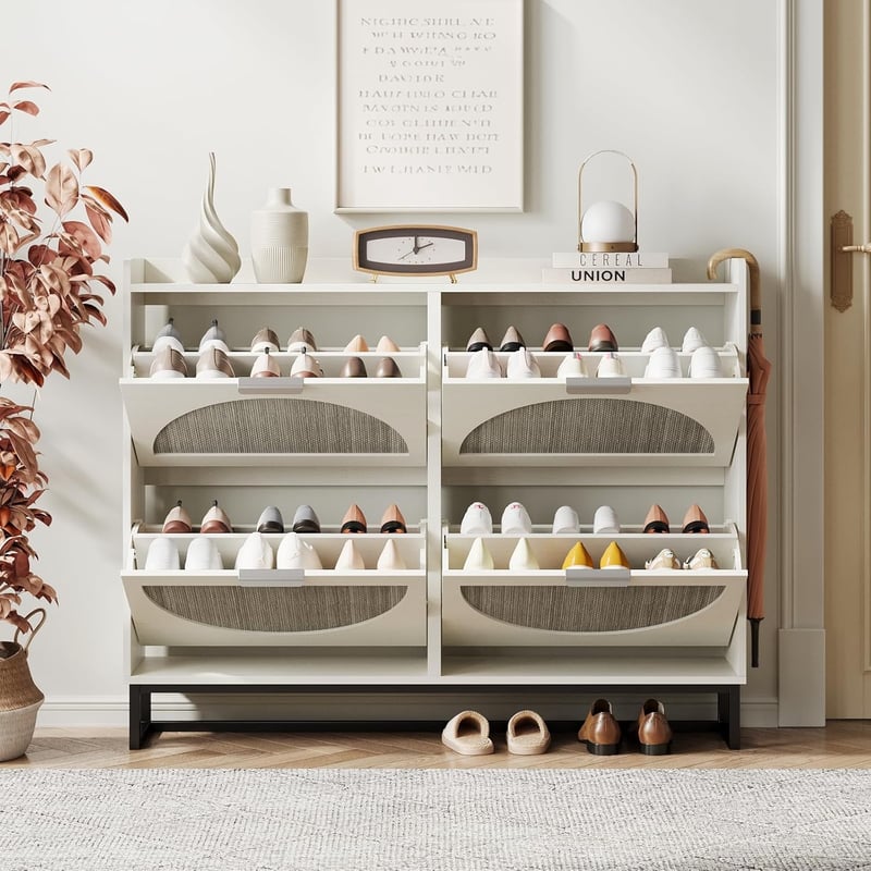 Freestanding White Rattan Shoe Storage Cabinet with 4 Drawers