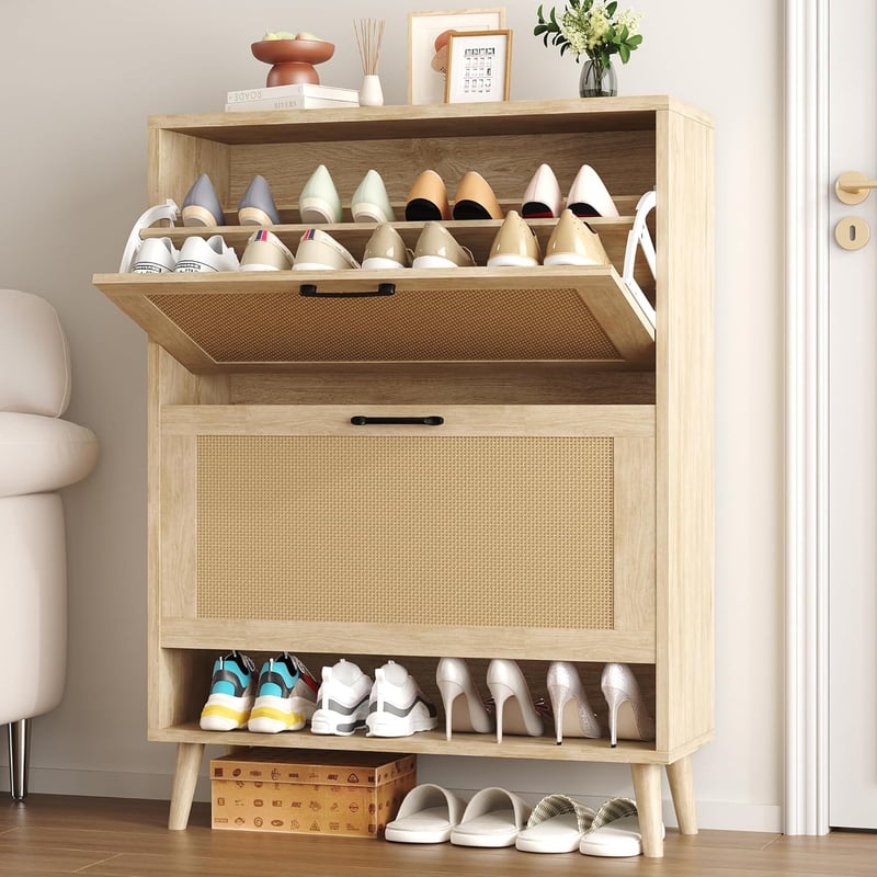 Freestanding Narrow Shoe Cabinet with 2 Flip Drawers (Natural)