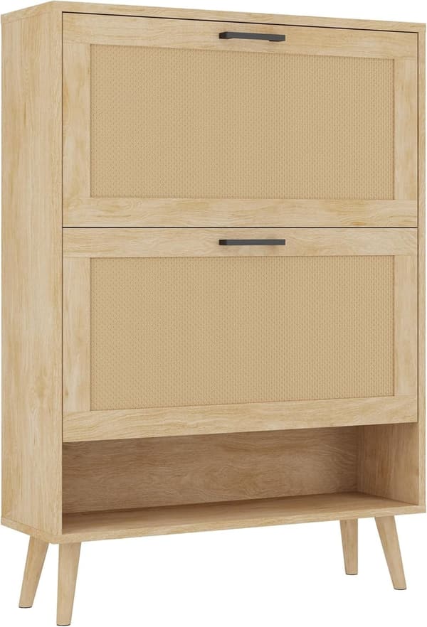 Freestanding Narrow Shoe Cabinet with 2 Flip Drawers (Natural)