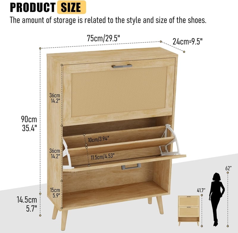 Freestanding Narrow Shoe Cabinet with 2 Flip Drawers (Natural)