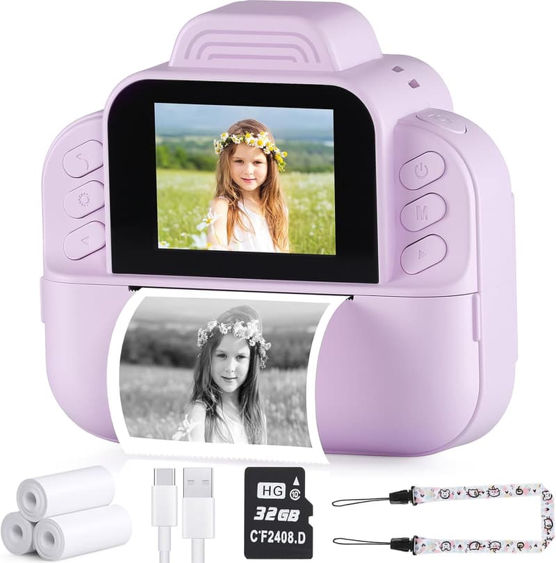 Kids Instant Print Camera with 32GB SD Card – 1080P Digital Birthday Gift