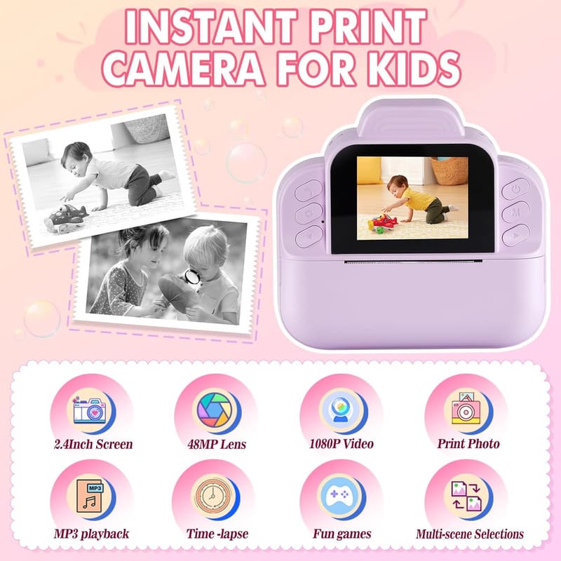 Kids Instant Print Camera with 32GB SD Card – 1080P Digital Birthday Gift
